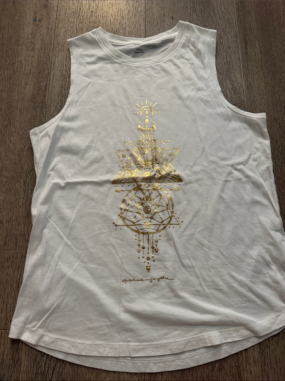 Spiritual Gangster White Tank Top with Gold Geometric Foil